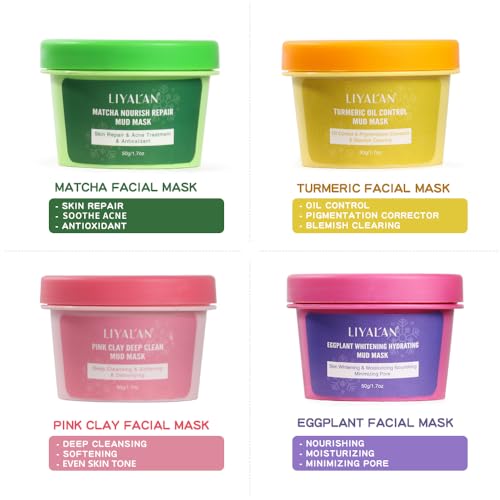 LIYALAN Face Clay Mask Set(1.76 oz/4 pack),Christmas Gifts for Women,Matcha Facial Mud Mask, Eggplant Rose Face Mask Skin Care, Turmeric Facial Masks for Women, Deep Cleansing(Green)