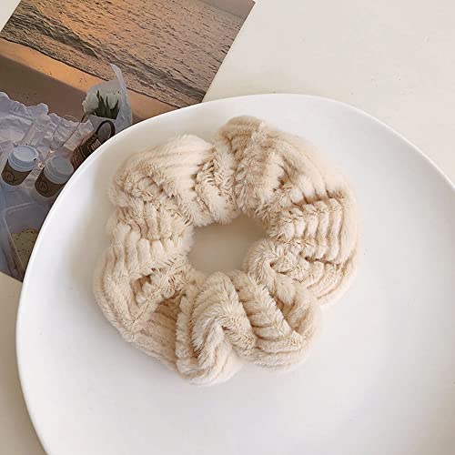 Large Furry Faux Rabbit Fur Hair Scrunchies for Women Fuzzy Fur Hair Ties Artificial Fur Hair Bobbles Towel Scrunchies for Hair Drying Microfiber Plaid Hair Scrunchies for Wet and Dry (5 Pcs A)