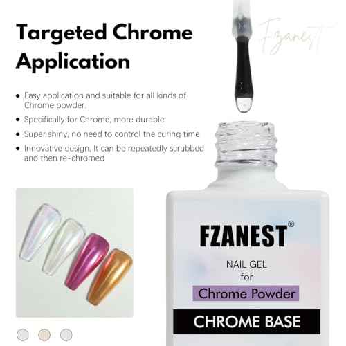 FZANEST Chrome Base Coat Gel Base Top Coat for Chrome Nail Powder 15ml No Wipe Clear Gel Nail Polish High Gloss Mirror Shine Long Lasting Easy Application Soak off DIY Home Salon Art Design