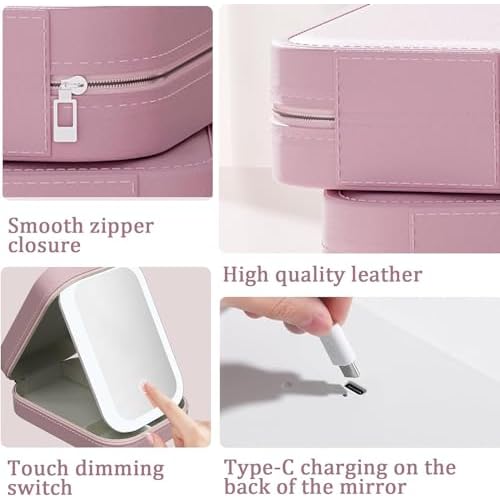 Travel Makeup Case with Lighted Mirror, Partitionable Cosmetic Bag, Professional Cosmetic Artist Organizer, Waterproof Portable, Travel Toiletry Bag (Pink)