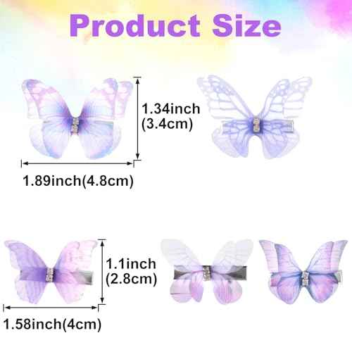 5Pcs Purple Butterfly Hair Clips, Gradient Rhinestone Organza Barrettes Christmas Bachelorette Party Halloween Rave Festival Concert Hair Accessories for Women