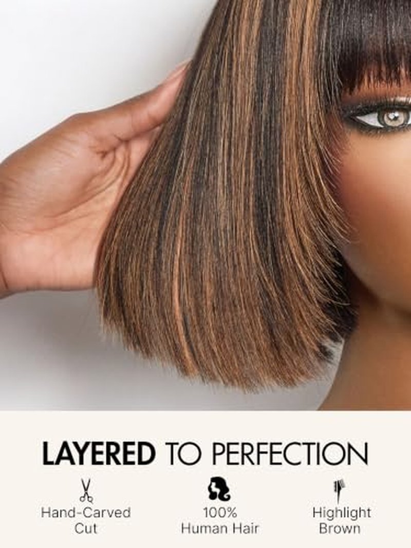 10 Inch Yaki Straight Bob Wig with Bangs & Brown Highlights
