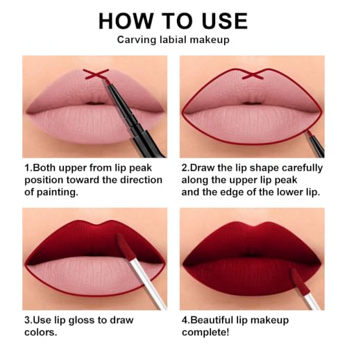 evpct 3-Piece Matte Liquid Lipstick & Lip Liner Set - Mauve, Pink, Red