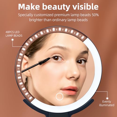 1x 10x Magnifying Makeup Mirror with Light, Double-Sided Magnifying Travel Makeup Mirror Rechargeable Three in One Handheld Desktop Hanging with 3-Color Light LED
