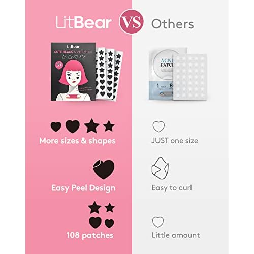 LitBear Acne Patch Pimple Patch, Black Star & Heart Shaped Acne Absorbing Cover Patch, Hydrocolloid Acne Patches For Face Zit Patch Pimple Sticker Acne Dots, Tea Tree Oil + Centella (108 Count)