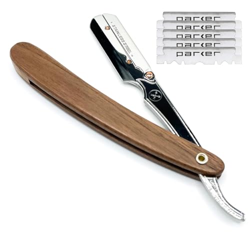 Parker SRDW Professional Shavette Razor ? Walnut Wood Handle, Stainless Steel Arm & Clip Lock System for Secure Blade Fit, 5 Blades Included