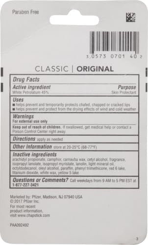 ChapStick Classic Original Lip Balm Tubes - Pack of 3, 0.15 Oz, Non-Tinted, Paraben-Free, Hydrating Lip Care