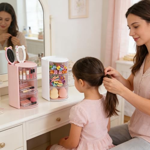 Aodse Hair Accessories Organizer with Rotatable 3-Tier Brush Holder (Pink, 3-Layer) for Hair Clips, Rings & Earrings