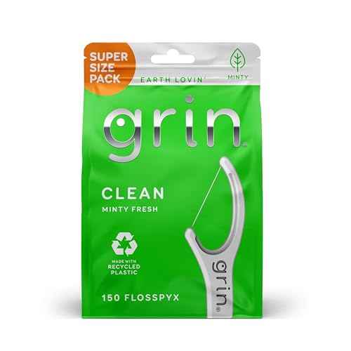GRIN Clean Flosspyx, Floss Picks, 150 Count, Dental Flossers, Minty Flavor, Recycled Plastic, Super Strong Fine Floss, Tight Teeth, Premium Longer Floss Head, Includes Safe Fold-Back Tooth Pick