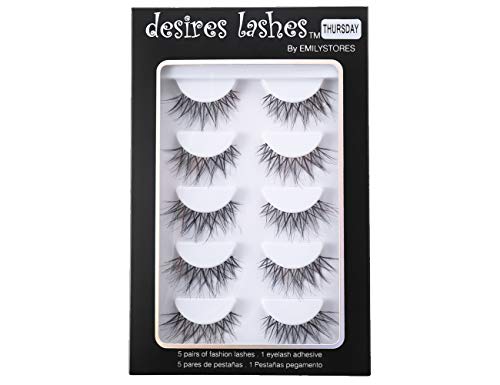 DESIRES LASHES Natural Wispy False Eyelashes, 5 Pairs, Clear Band