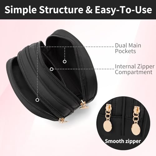 Compact Double Zipper Makeup Pouch - Travel Cosmetic Bag - Black