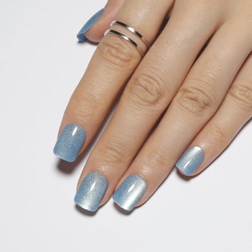Stbisen M02-Aurora Mist Light Blue Press On Nails – Short Cat Eye Square 30pcs