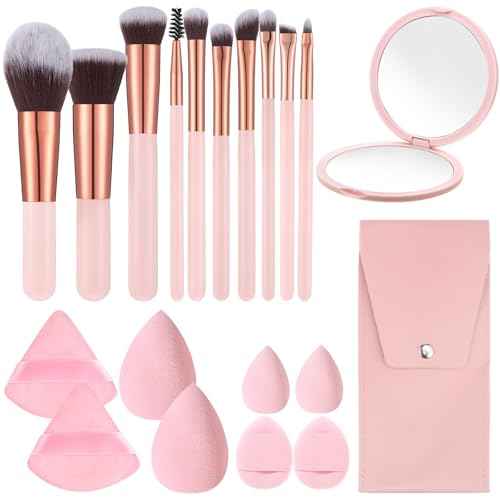 20PCS Travel Makeup Brush Set,10 Pcs Small Makeup Brushes with Mirror,Storage Bag and 8PCS Makeup Sponges for Home,Travel, Party