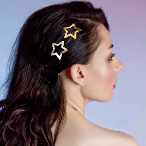 12PCS Metal Star Snap Hair Clips, 1.6 Inches for Kids Girls and Women, Silver/Gold/Black Barrettes, Non Slip 2000s Y2K Cute Hair Accessories