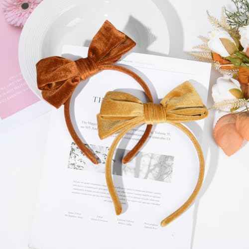 DEEKA Velvet Bow Headband 2 PCS Hair Band Hair Bows with bow Velvet Christmas Hair Accessories for Toddlers Women and Girls (Orange,Gold)