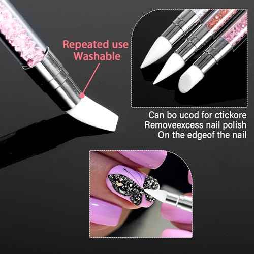3 Pcs Nail Art Sculpture Pen, Dual Tipped Silicone Nail Tools, Silicone Head Acrylic Handle Nail Art Brushes, Rhinestone Nail Polish Carving Pen, Nail Art Tools for Home Salon(White, Pink, Orange)