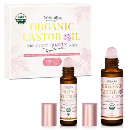 Organic Castor Oil with Real Rose Quartz Roll-On, 2 Pack for Face & Eyes ? Lash & Brow Growth, Under Eye Care, Skin Moisturizing, Cold-Pressed, Hexane-Free, Beauty Self-Care Gifts for Women