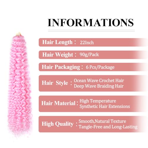FEILIMEI Deep Wave Crochet Hair 22 Inch Pink (Pack of 6)