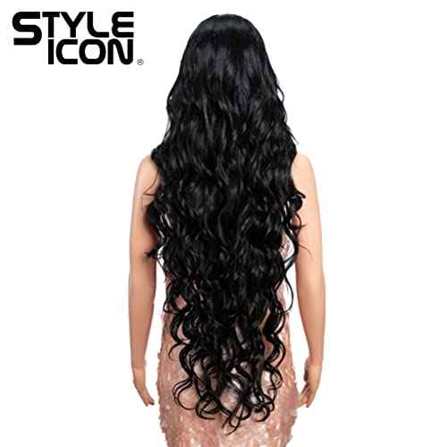 Style Icon 36" Lace Front Wigs Multi-Layered Super Long Big Curl Black Wigs With Baby Hair 130% Density Heat Resistant Fiber Synthetic Wig (36 Inch, 1B)