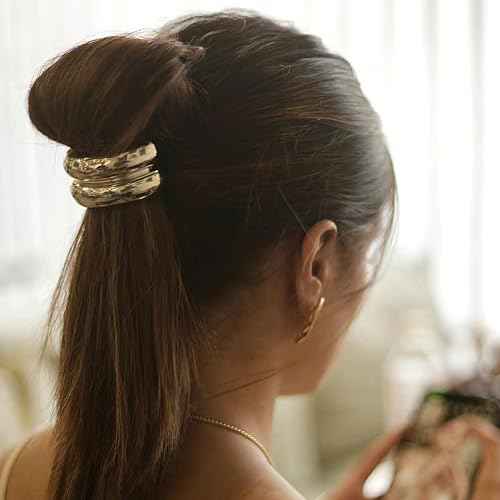 Hair Ties for Women, Gold Metal Hair Cuffs Hair Accessories Elastic Hair Ties Ponytail Cuff Hair Bands for Both Thick Hair and Thin Hair