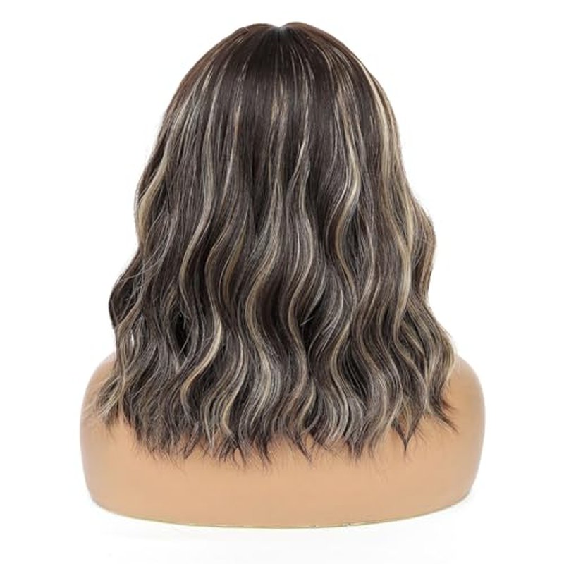 14 Inch Short Wavy Wig Brown Blonde Highlight Lace