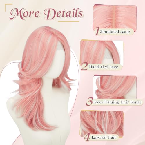 Haloo 20 Inch Pink Layered Wig with Curtain Bangs - Lace Front