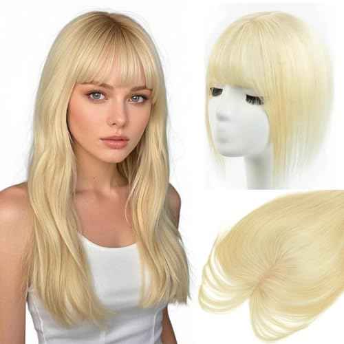 Bleach Blonde Real Human Hair Topper with Bangs Covers Thinning Crown, Clip-In Hair Topper for Thinning Hair (10Inch)