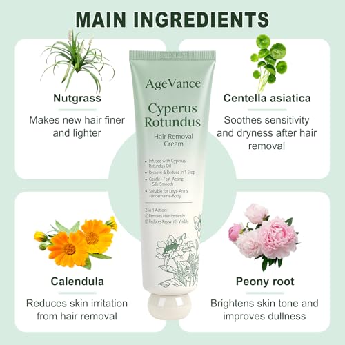AgeVance Cyperus Rotundus Hair Removal Cream 3.52 Oz - Gentle Painless Women’s Skin Moisturizer & Hair Eliminator, Pack of 1