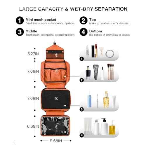 Travel Toiletry Bag for Women Men - Portable Large Hanging Organizer Makeup Bag for Cosmetic, Shampoo, Conditioner, Brushes Set, Cosmetic Travel Accessories Essentials, Orange