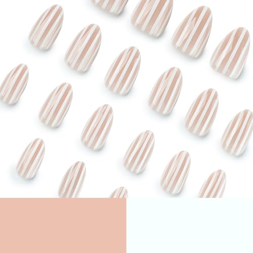 Short Almond Press-On Nails – Pink & White Stripe Artificial Nails Theme