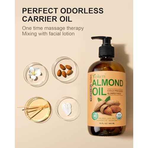 Organic Almond Oil 16 fl oz, USDA 100% Pure Cold Pressed Almond Oils in Glass Bottle, Natural Moisturizer for Face, Hair & Body, Ideal Carrier Oil for Skin Care, DIY Beauty & Soothing Massage