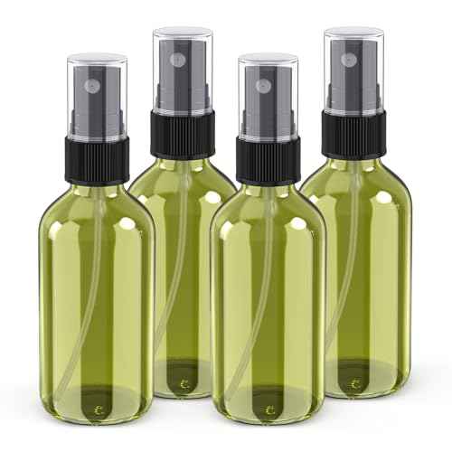 Wedama 2 oz Mini Glass Spray Bottles, Empty Small Spray Bottles with Funnel Dropper, Fine Mist for Hair, Travel, Plants, Cleaning Solutions and Skin Care (4 Pack Olive Green)