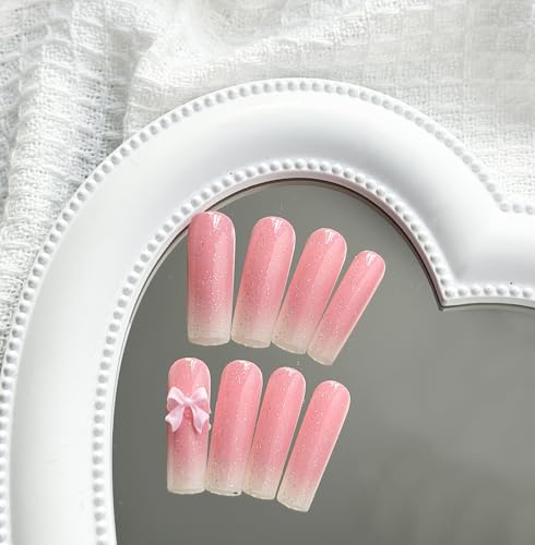 Pink White Long Square Press on Nails French Tip Fake Nails 5D Star Bow Pearl False Nails with Designs Cute Acrylic Nails Full Cover Glossy Glue on Nails Artificial Nails for Women Girls 24Pcs