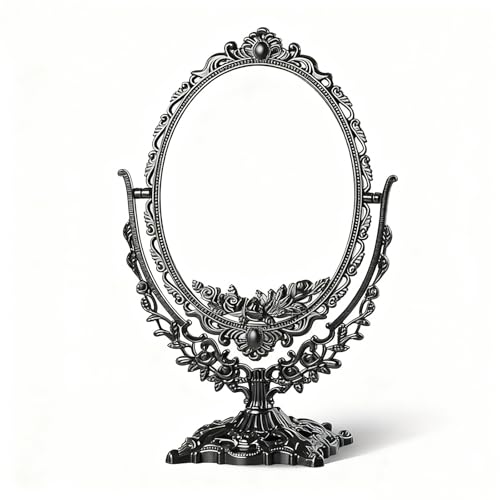 Vintage Black Tabletop Makeup Mirror with Ornate Floral Frame
