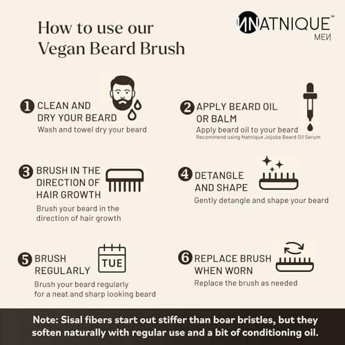 Natnique Vegan Beard Brush for Men, 100% Sisal Plant Bristles, Ergonomic Design with Natural Beachwood Handle - Men's Beard & Mustache Brush ? 100% Natural, Non-Synthetic, Cruelty Free