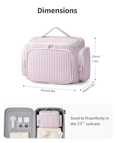 Narwey Hanging Travel Toiletry Bag for Women, Large Makeup Organizer, Dusty Pink Stripe