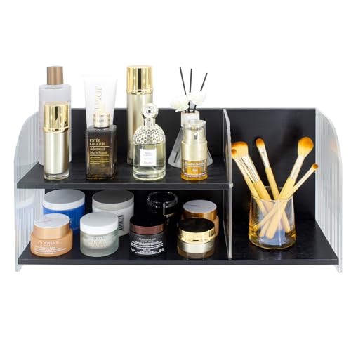 2-Tier Acrylic Makeup Organizer & Skincare Storage Cabinet Countertop Bamboo Desktop Organizer for Cosmetics, Skincare, and Essentials -Black