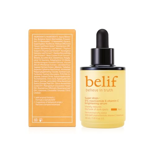 belif Super Drops 5% Niacinamide & Vitamin C Serum | Evens Skin Tone, Reduces Dark Spots & Post-Blemish Marks, Soothes Redness with AHA & Glutathione