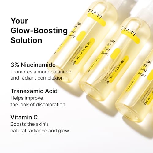 TIAM Vita B3 Mist Toner, 6.76 fl oz, Glow Boosting Facial Spray with Niacinamide, Tranexamic Acid, and Vitamin C for All Skin Types, Hydrating & Refreshing, Korean Skin Care