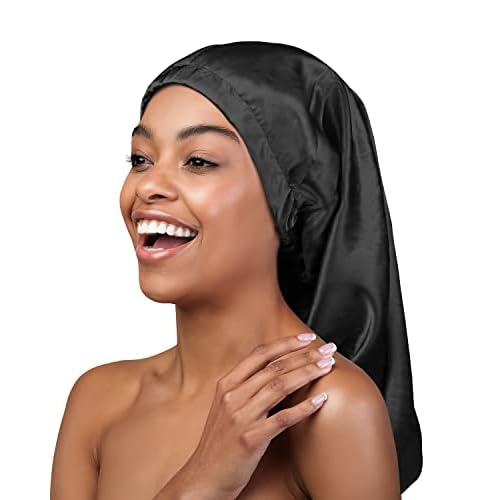 Extra Long Satin Bonnet Sleeping Hat Beanie Cap Baggy Hair Covering Black