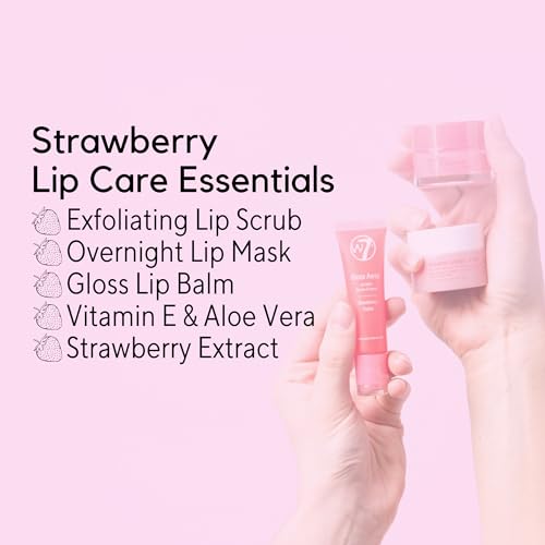 W7 Sweet Dreams Lip Care Trio - 3 Piece Set - Overnight Lip Mask, Lip Balm & Lip Scrub - Strawberry