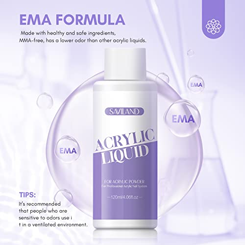 SAVILAND Monomer Acrylic Nail Liquid Kit: 12 OZ Non-yellowing Acrylic Liquid Monomer with 4PCS Acrylic Nail Brushes for Acrylic Application, Size 8/10/12/14