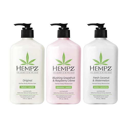 Hempz Original Herbal Body Moisturizer + Fresh Coconut & Watermelon Moisturizer + Blushing Grapefruit & Raspberry Cr?me Herbal Body Moisturizer, 17 Fl Oz, 3 Pack Bundle ? Vitamin Infused Lotion