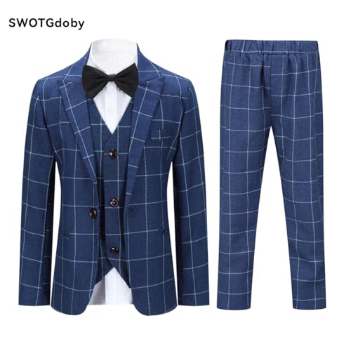SWOTGdoby Boys Suits 3 Pieces Formal Suit Set Plaid Blazer Vest Pants Slim Fit Suit Jacket for Wedding Party