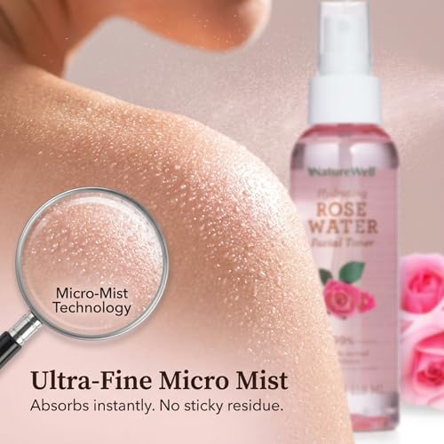 NATURE WELL Rose Water Hydrating Facial Toner Mist for Dewy & Radiant Skin, Refreshing, Conditioning, Soothing, Moisturizing, Perfect for Travel, 4 Fl Oz