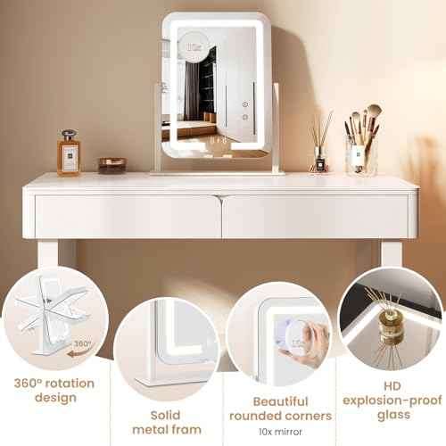 Dripex 15"x12" LED Lighted Makeup Mirror with 12V 2A Wireless Charging Bluetooth Speaker Makeup Vanity Mirror with Lights 3 Colors Dimmable Touch Keys Phone Holder 10X Magnification for Vanity Desk