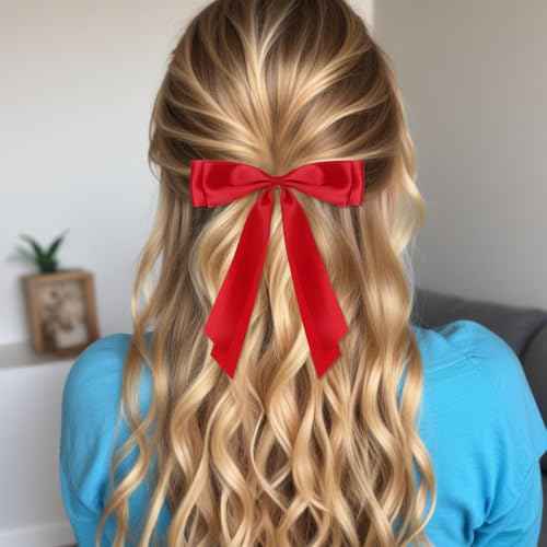 cobee 2 Pcs Red Hair Bow, Bow for Hair Satin Bows Hair Ties, Large Double Satin Ribbon Hair Clips Red Accessories for Holiday Party Women Girls Ponytail Holder
