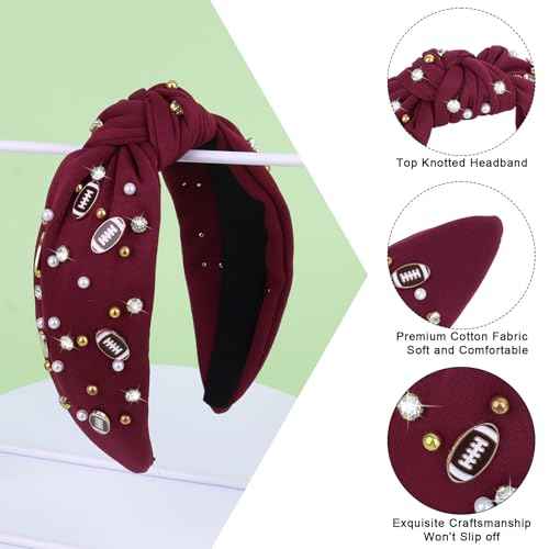 YARIEW Football Headband for Women Pearl Rhinestone Jeweled Knotted Headband Fashion Headband Wide Game Day Sports Hair Accessories Gift for Football Mom Fans Christmas (Burgundy)