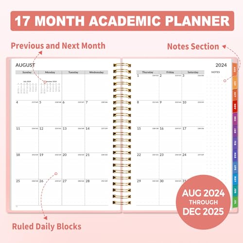 SUNEE Academic Planner 2024-2025 Weekly and Monthly - from August 2024 - December 2025, 6.4"x8.3" School Year Calendar Daily Planner with Monthly Tab, Flexible Cover, Note Pages, Pockets, Bookmark, Spiral Binding, Pink