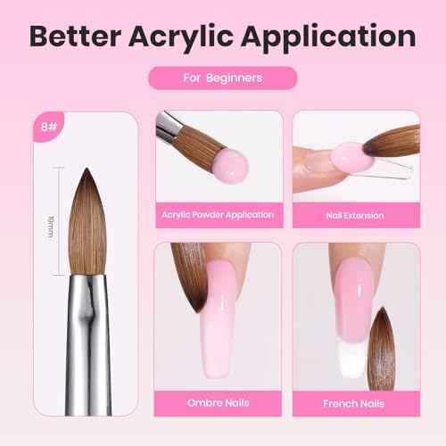 Beetles Acrylic Nail Brush Kolinsky Hair Bristles Round Shaped Metal Handle Nail Art Brushes for Acrylic Powder Manicure Extension DIY at Home Manicure Tool - Size 8